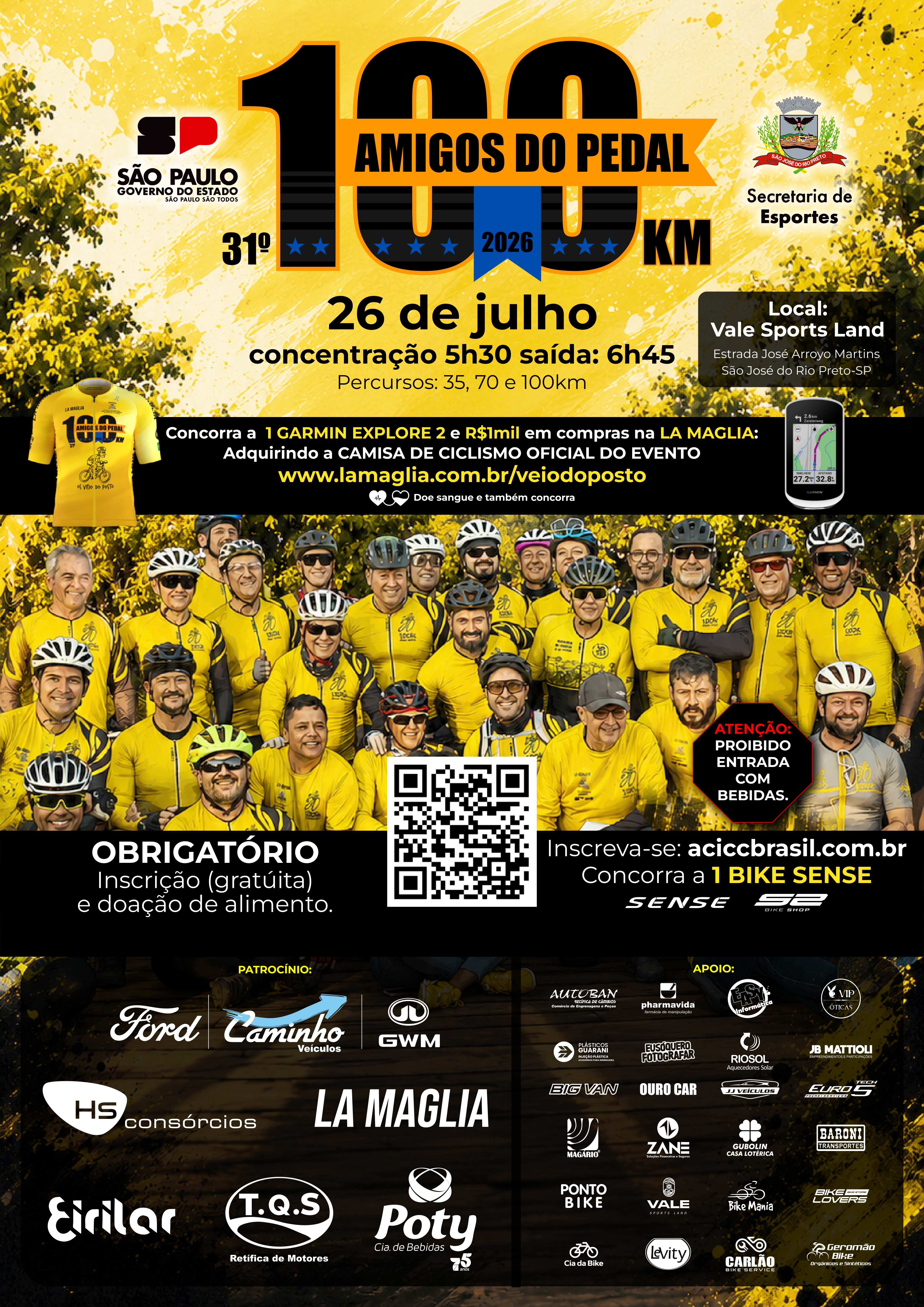 Cartaz da 31ª edição do pedal Véios do Posto. Concentração a partir das 06h45. Distâncias de 35, 60 e 100 quilômetros. Premiação com sorteio de uma Bike Sense. Inscrição e doação de alimento.
